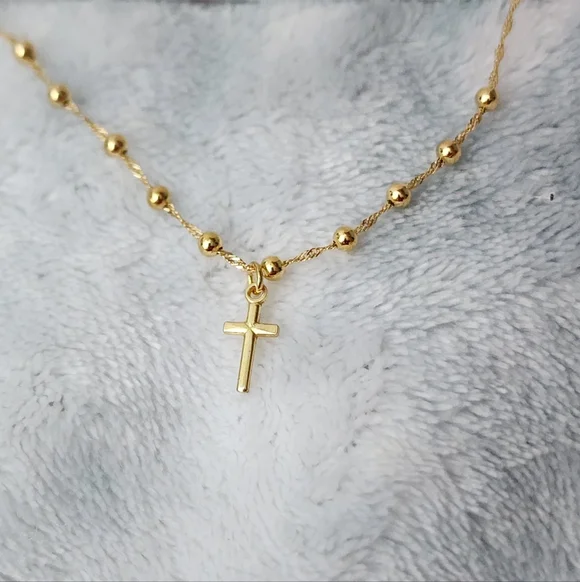 14k Gold on Sterling Silver Cross fixed pendant satellite 16"+2 necklace, NEW! - Picture 7 of 11